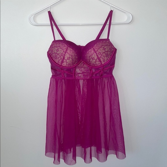 Victoria’s Secret Fuchsia Push-Up Babydoll Bustier Tulle Lingerie - Picture 1 of 9